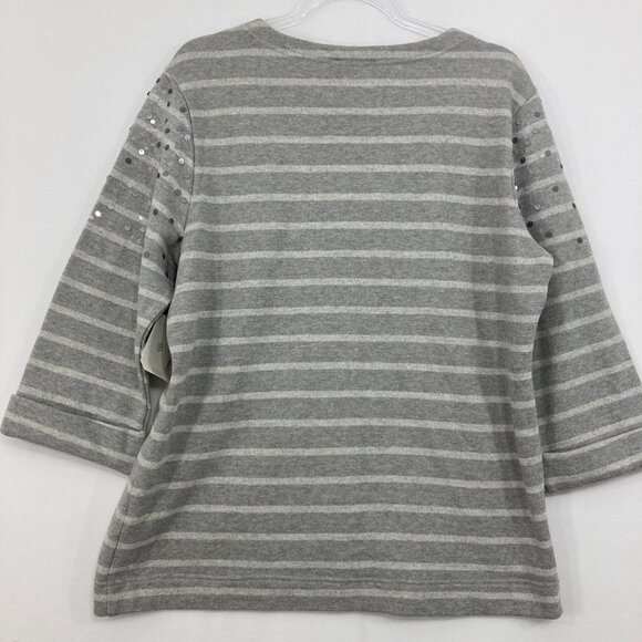 New Coldwater Creek size Large Gray Striped Sequins 3/4 Sleeve Stretch Knit Top - Picture 8 of 11
